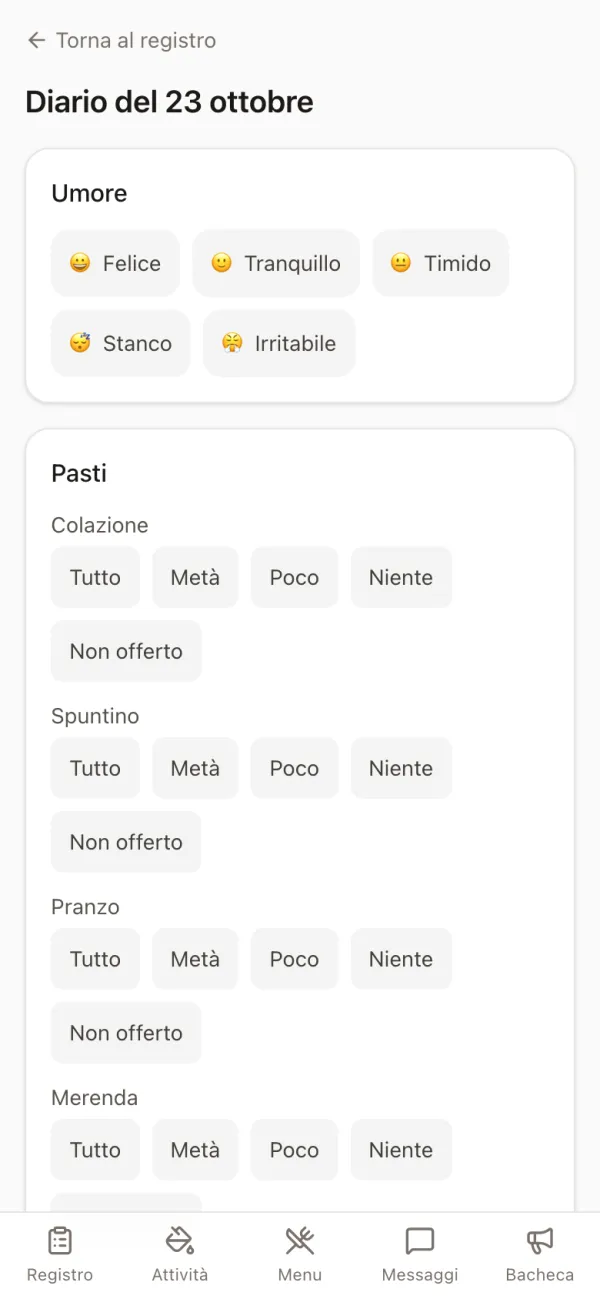 App educatrici con il diario del giorno, la scelta dell'umore e i pasti da Tutto a Non offerto
