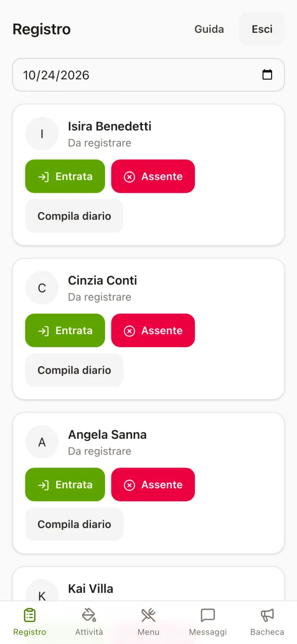 App educatrici sul telefono con il registro della giornata e i pulsanti Entrata, Assente e Compila diario