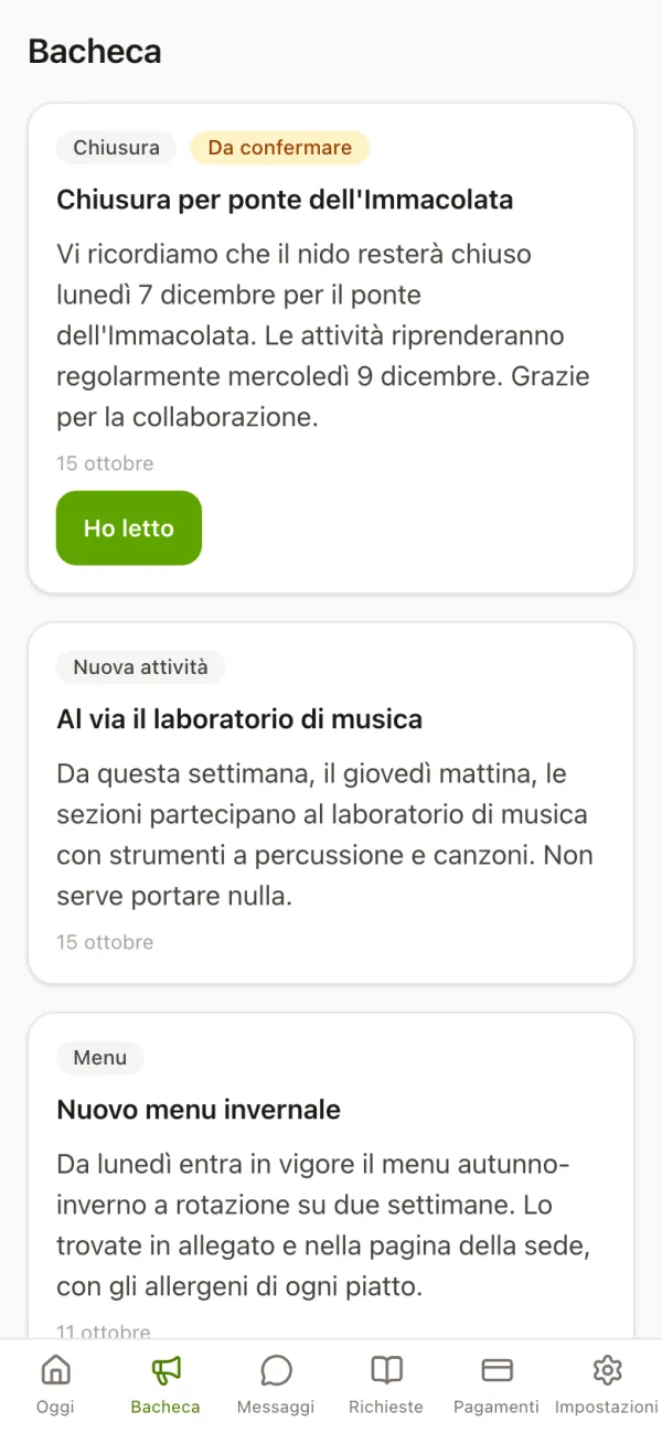App famiglie di Nido, Bacheca: avviso Chiusura per ponte con etichetta Da confermare e pulsante Ho letto