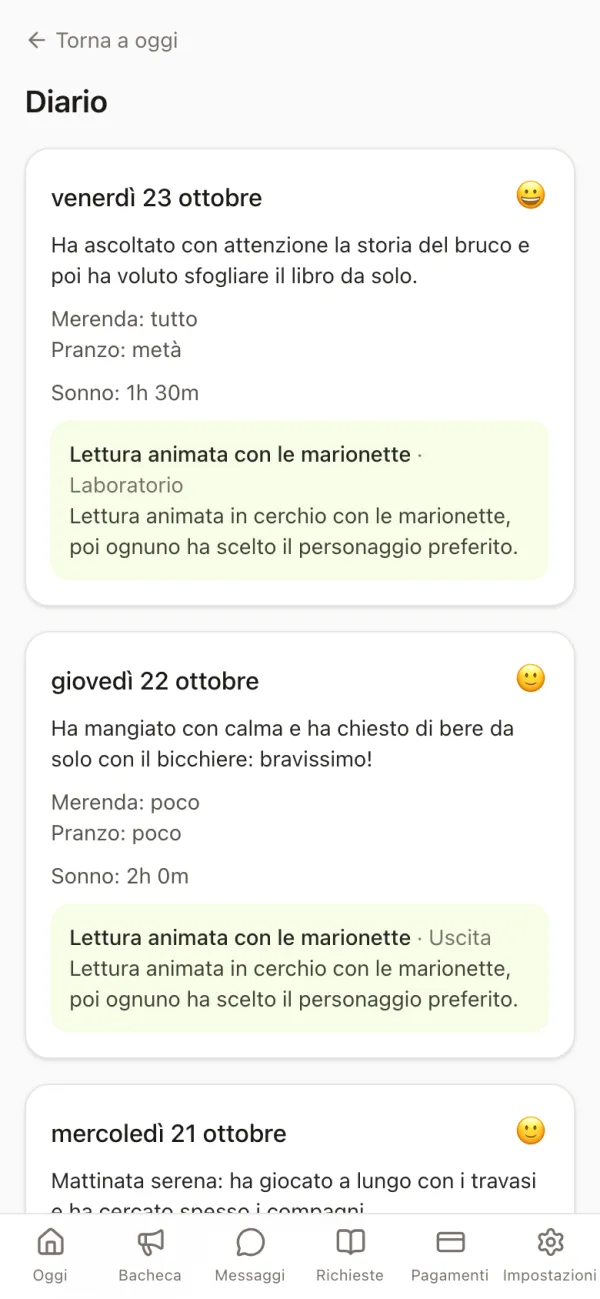 App famiglie con il diario dei giorni, umore, pasti, sonno e attività del giorno