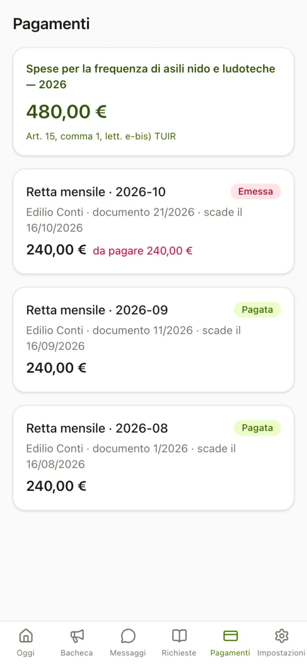 App famiglie di Nido, Pagamenti: riquadro spese per la frequenza di asili nido con il totale e rette mensili