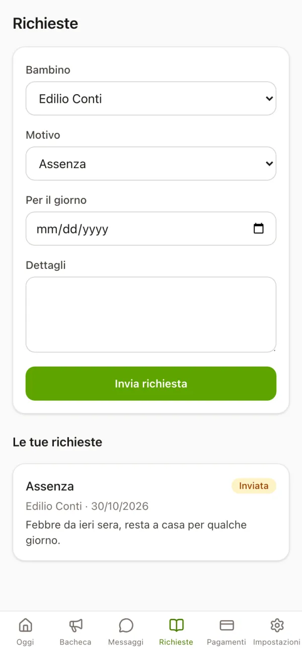 App famiglie, Richieste: modulo con bambino, motivo Assenza, giorno e dettagli, e la richiesta inviata con il suo stato