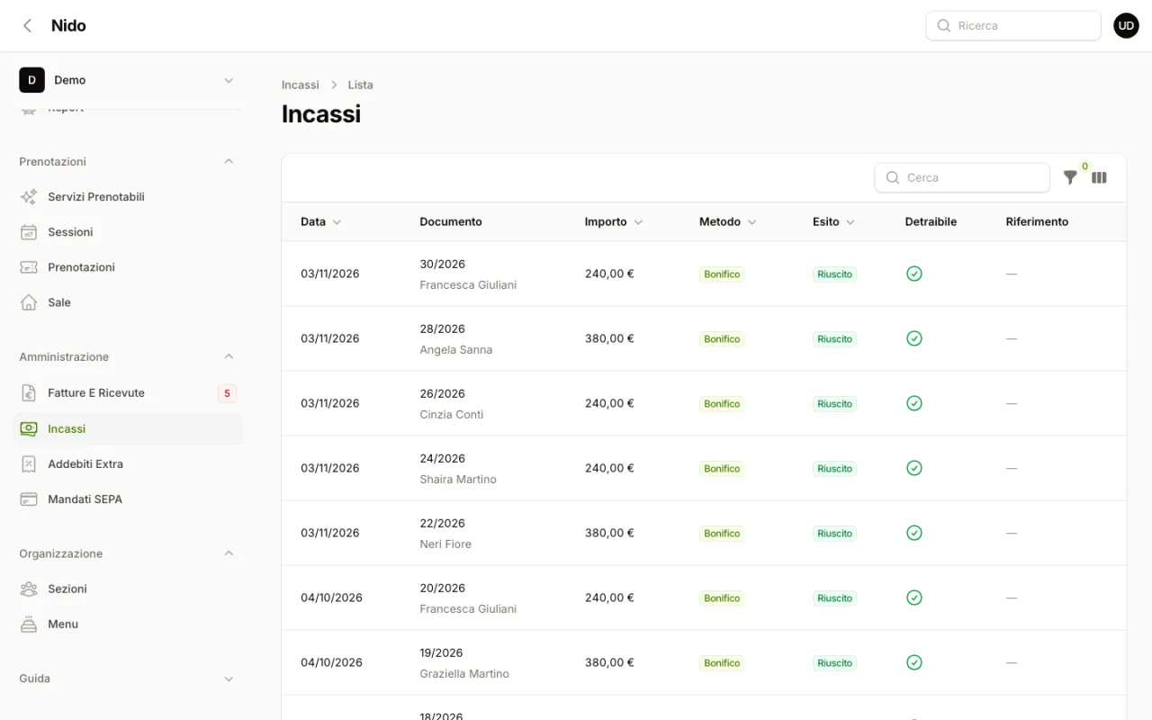 Incassi di Nido con data, documento e bambino, importo, metodo Bonifico, esito Riuscito e spunta Detraibile