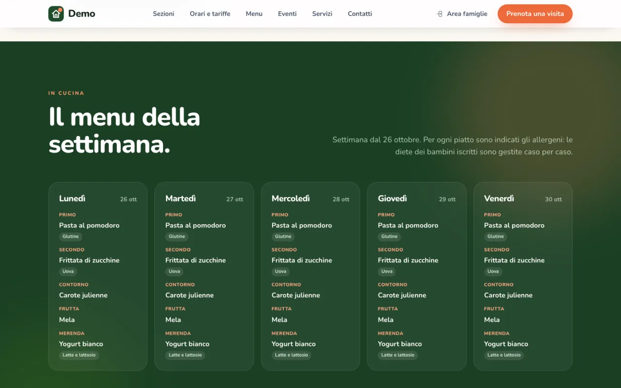 Pagina pubblica della sede Demo: il menu della settimana da lunedì a venerdì con gli allergeni dei piatti