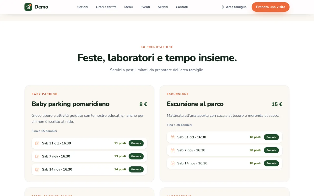Pagina pubblica della sede con feste, laboratori, baby parking ed escursione al parco, date, posti e pulsante Prenota