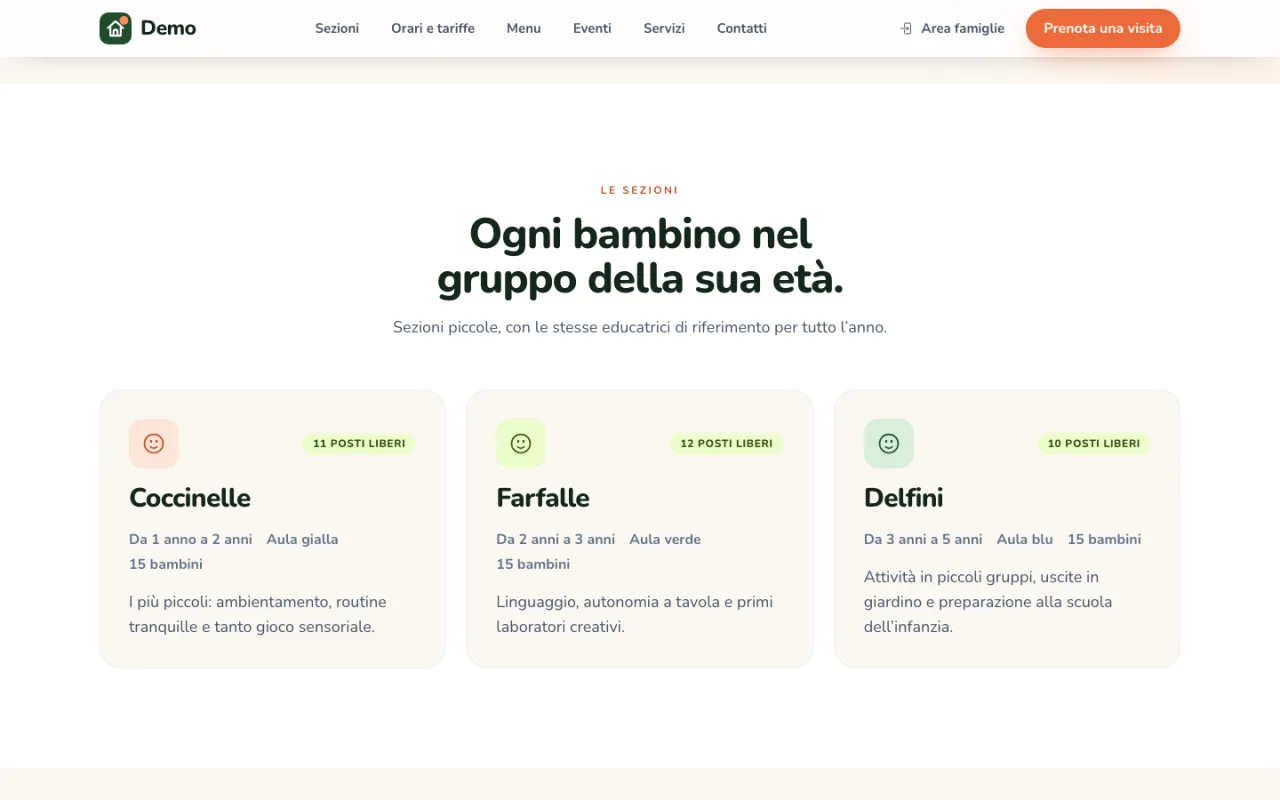 Pagina pubblica della sede Demo: sezioni Coccinelle, Farfalle e Delfini con posti liberi, età e aula